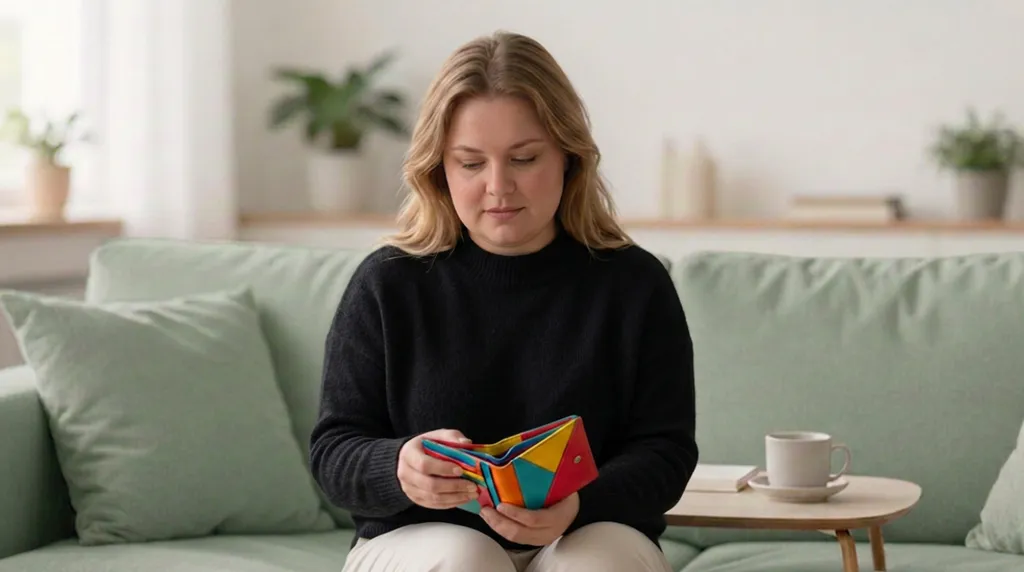 Woman sits on a sofa holding a colorful wallet, with a coffee cup on a small table beside her. The background shows plants and soft decor.