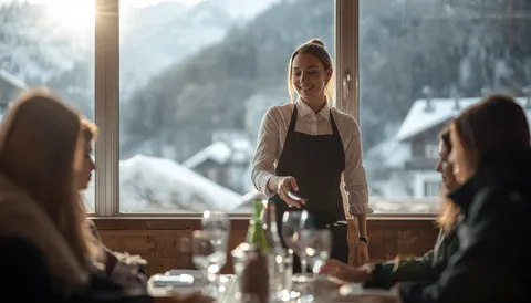 Waitress serving three customers at a table in a cozy restaurant with snowy mountain views through large windows.