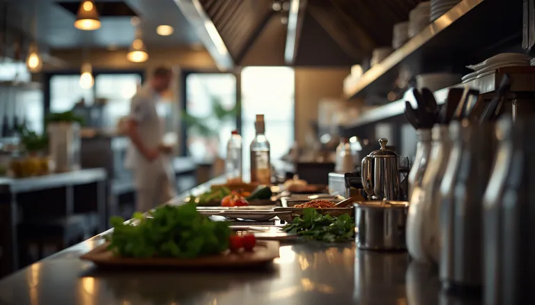 A professional kitchen with ingredients and utensils on a stainless steel counter. A chef is blurred in the background, creating a focused workspace.