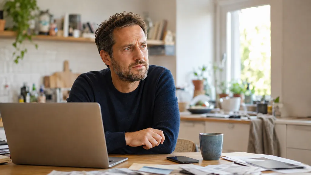 A man sitting in a kitchen, looking thoughtful, with a laptop, smartphone, and papers in front of him. A mug is nearby on the table.